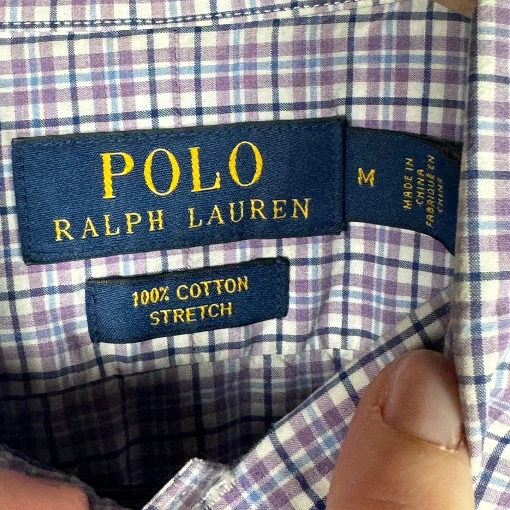 Polo Ralph‎ Lauren Mens Button Down Shirt Purple Plaid Stretch Cotton Size M